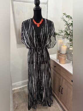 CUPSHE Kimono Swimsuit Coverup Open Front Striped Sheer Maxi